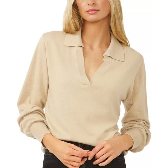 Riley & Rae Ecru Knit V Neck Polo Top Lightweight Sweater S NWT - Picture 1 of 7